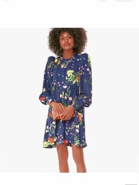 Pomander Place Navy Floral Long Sleeve Mini Dress with Yellow & Pink Blooms